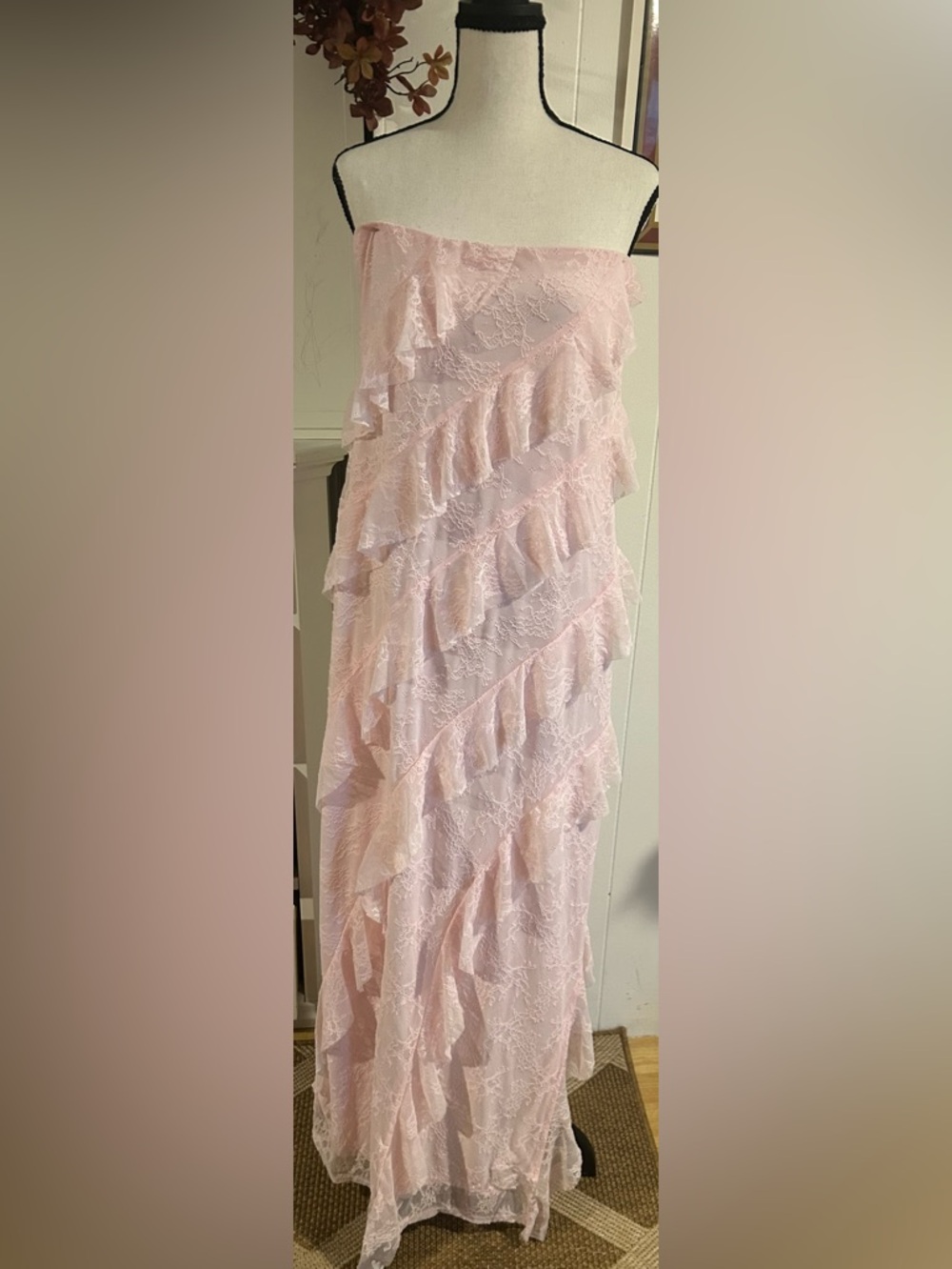 Strapless Pink Lace Ruffle Dress